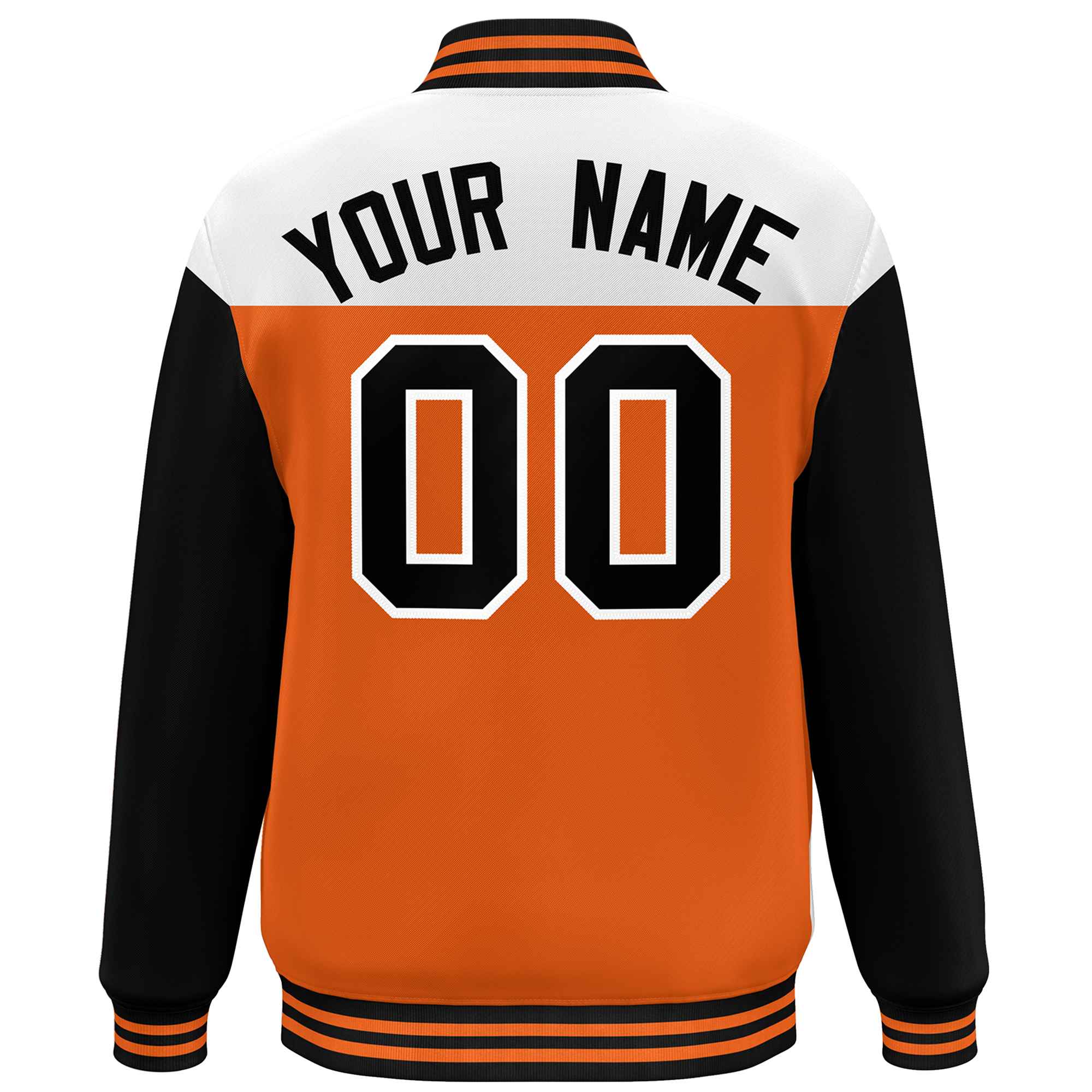 Custom White Orange-Black Letterman Color Block Varsity Full-Snap Baseball Jacket