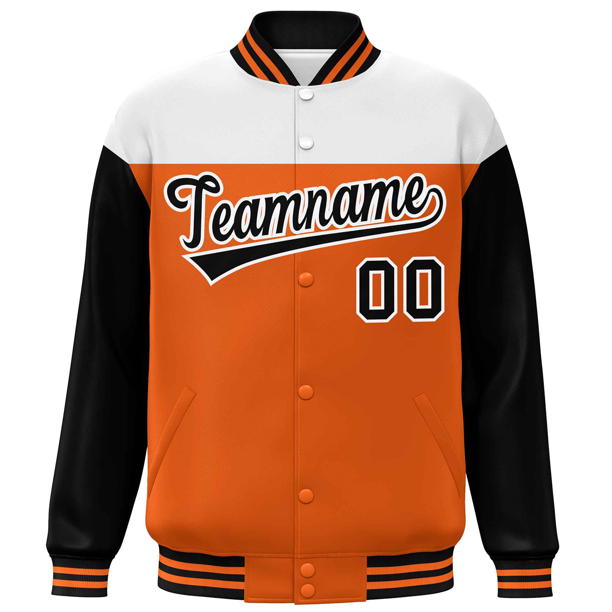 Custom White Orange-Black Letterman Color Block Varsity Full-Snap Baseball Jacket