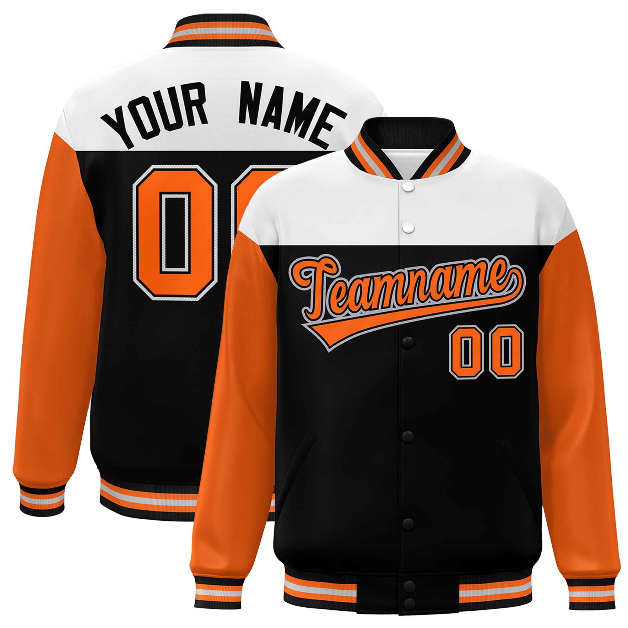 Custom White Black-Orange Letterman Color Block Varsity Full-Snap Baseball Jacket