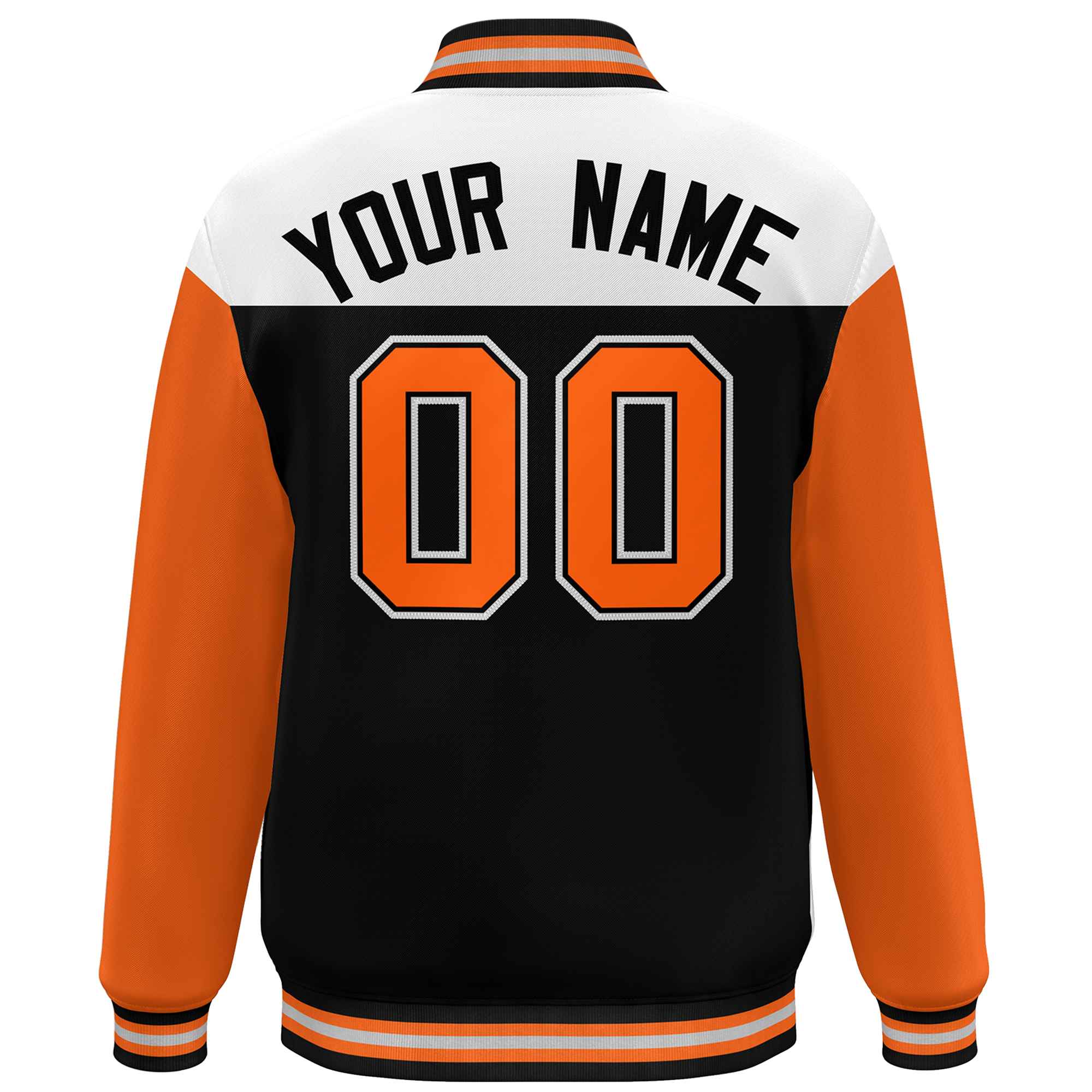 Custom White Black-Orange Letterman Color Block Varsity Full-Snap Baseball Jacket