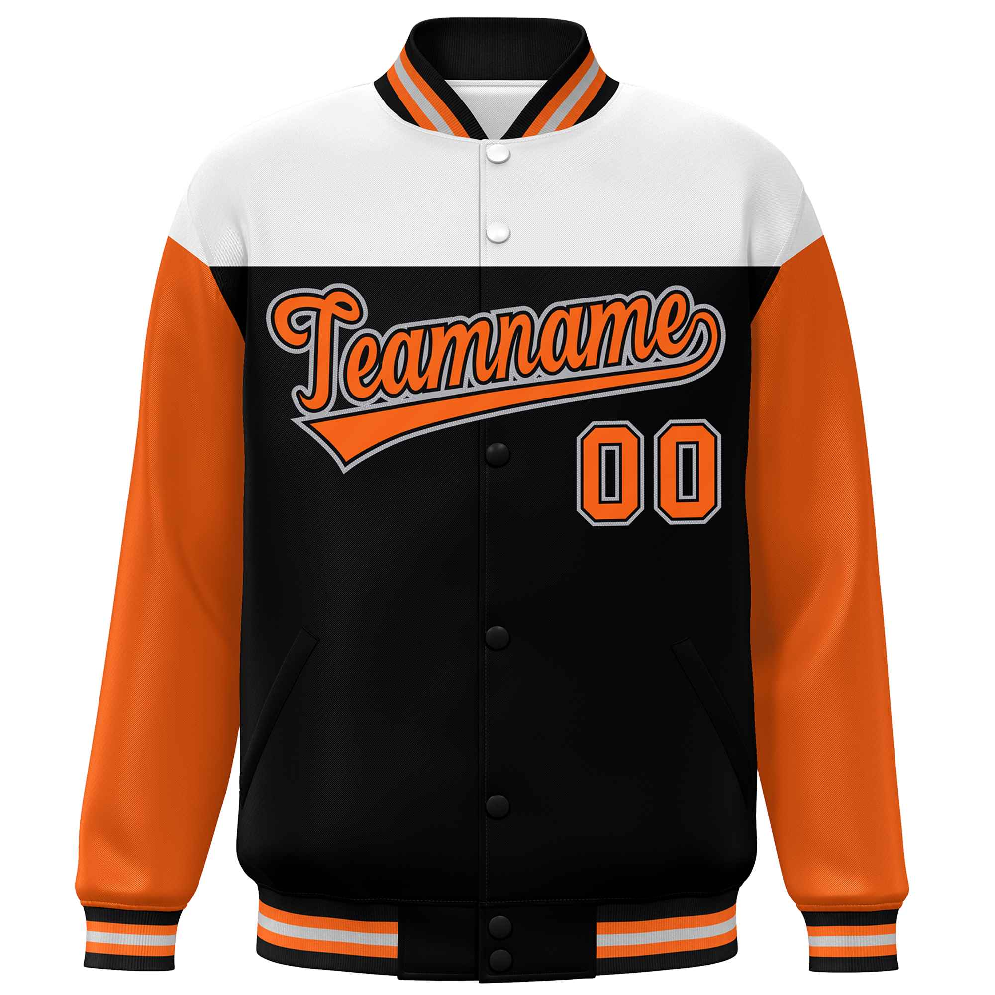 Custom White Black-Orange Letterman Color Block Varsity Full-Snap Baseball Jacket