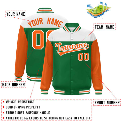 Custom White Kelly Green-Orange Letterman Color Block Varsity Full-Snap Baseball Jacket