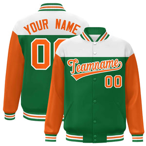 Custom White Kelly Green-Orange Letterman Color Block Varsity Full-Snap Baseball Jacket