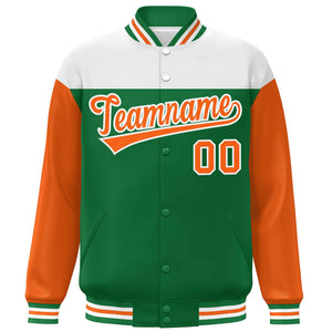 Custom White Kelly Green-Orange Letterman Color Block Varsity Full-Snap Baseball Jacket