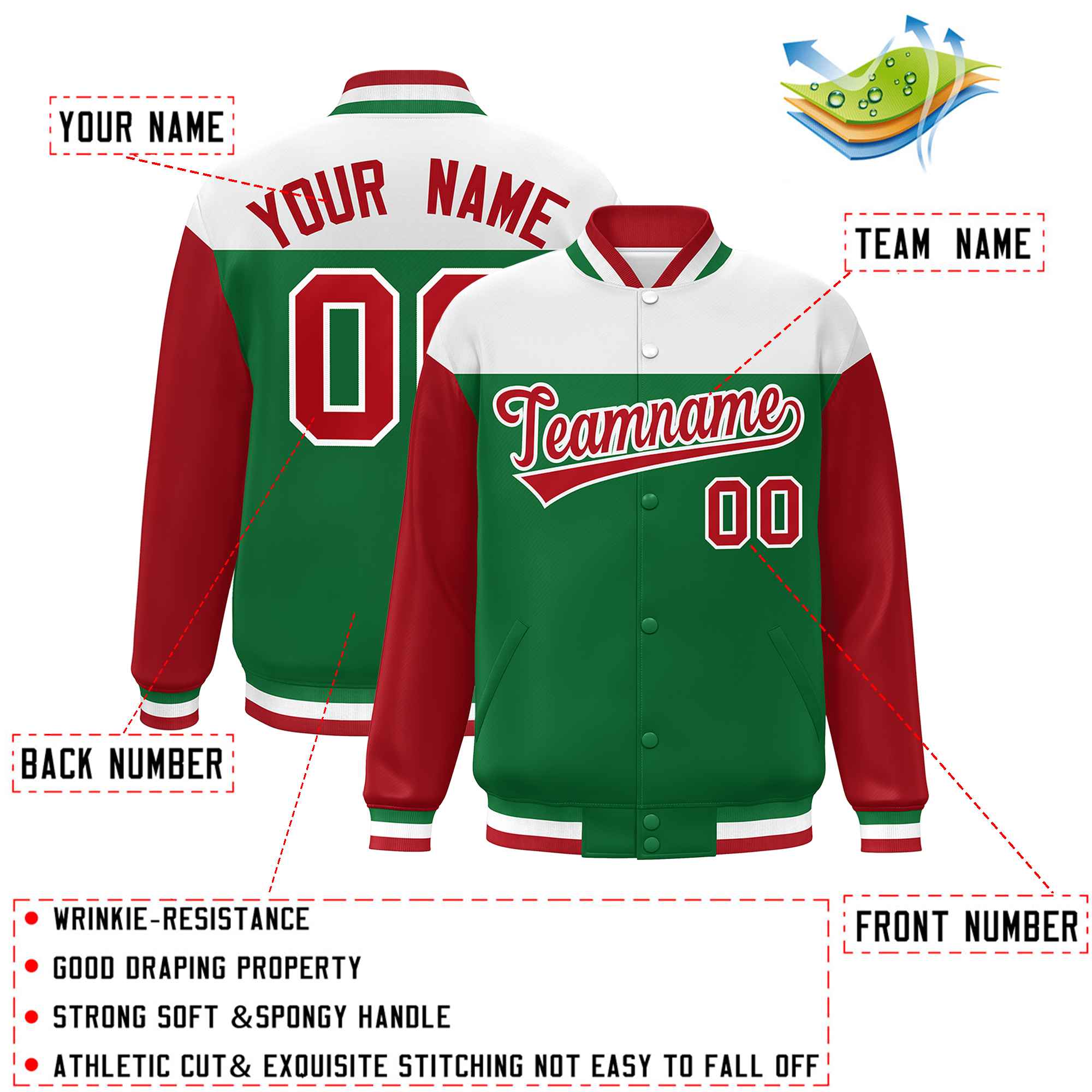 Custom White Kelly Green-Red Letterman Color Block Varsity Full-Snap Baseball Jacket