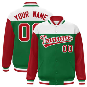 Custom White Kelly Green-Red Letterman Color Block Varsity Full-Snap Baseball Jacket