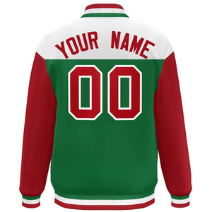 Custom White Kelly Green-Red Letterman Color Block Varsity Full-Snap Baseball Jacket