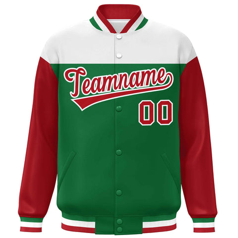 Custom White Kelly Green-Red Letterman Color Block Varsity Full-Snap Baseball Jacket