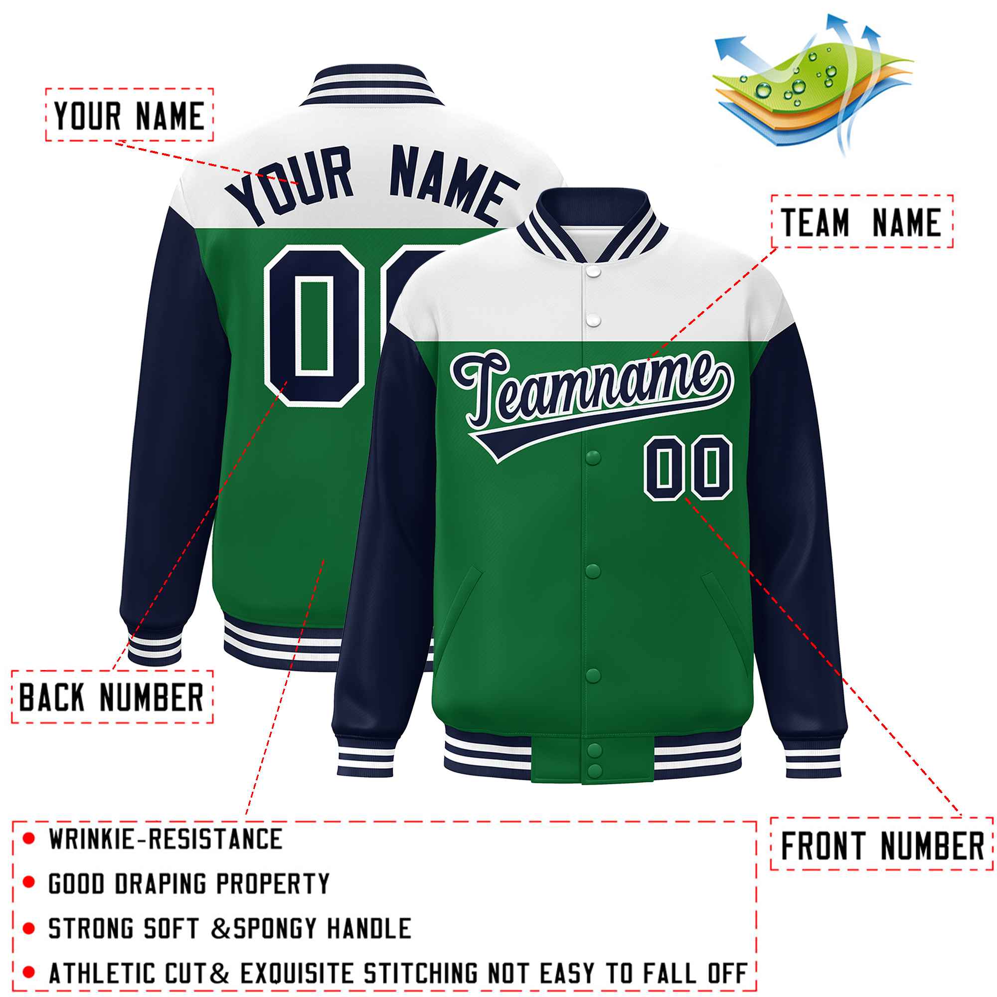 Custom White Kelly Green-Navy Letterman Color Block Varsity Full-Snap Baseball Jacket