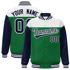 Custom White Kelly Green-Navy Letterman Color Block Varsity Full-Snap Baseball Jacket