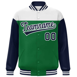 Custom White Kelly Green-Navy Letterman Color Block Varsity Full-Snap Baseball Jacket