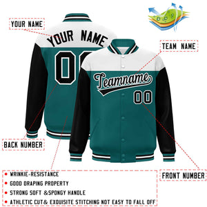 Custom White Aqua-Black Letterman Color Block Varsity Full-Snap Baseball Jacket