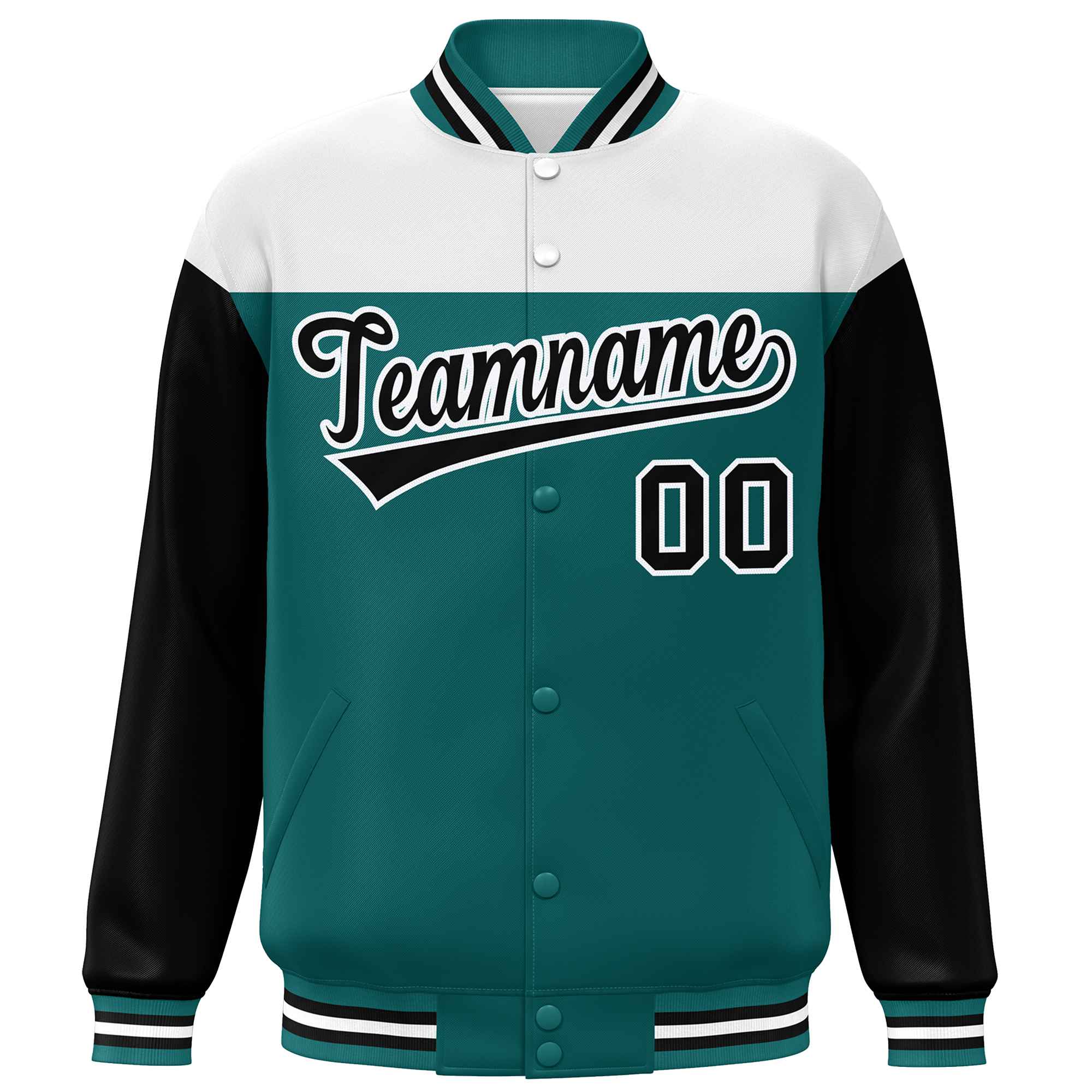 Custom White Aqua-Black Letterman Color Block Varsity Full-Snap Baseball Jacket