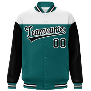 Custom White Aqua-Black Letterman Color Block Varsity Full-Snap Baseball Jacket