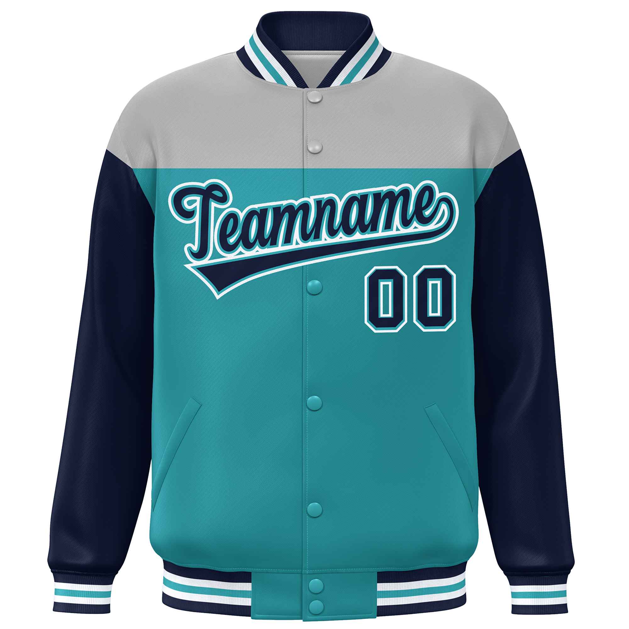 Custom Gray Aqua-Navy Letterman Color Block Varsity Full-Snap Baseball Jacket