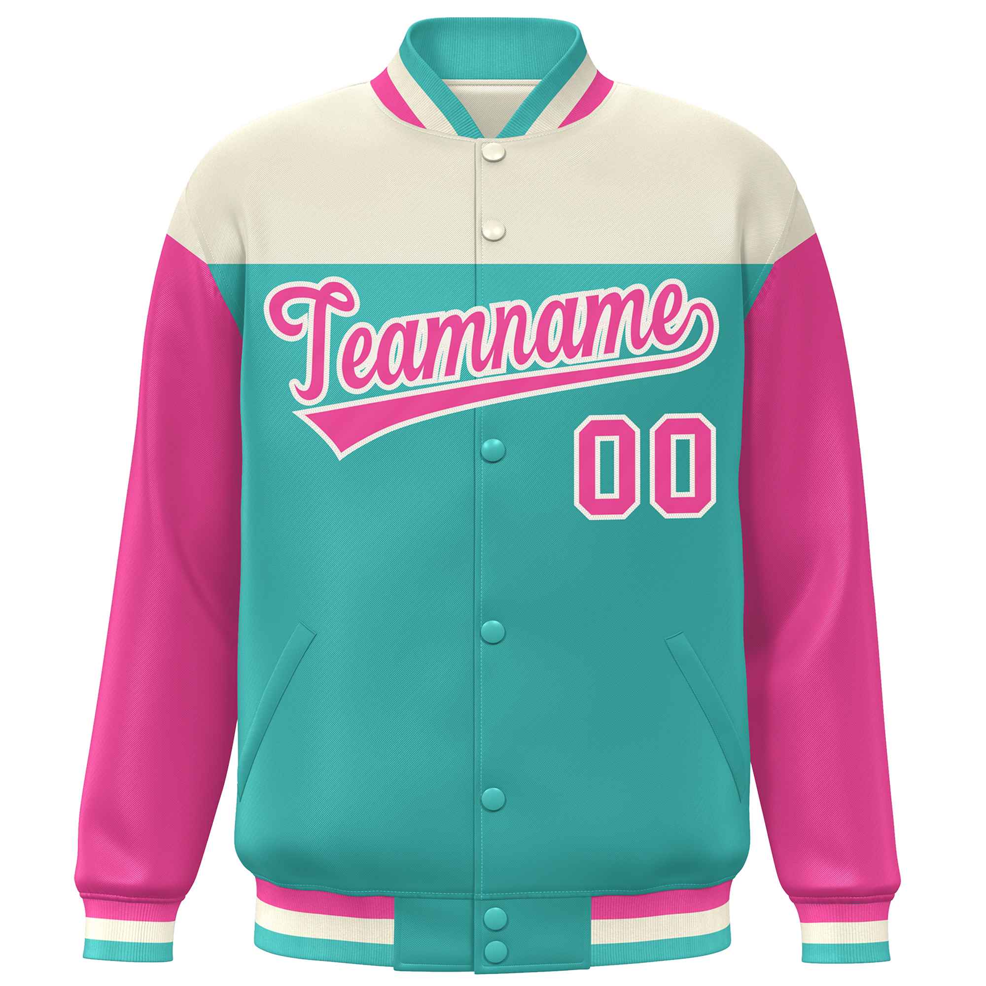 Custom Cream Aqua-Pink Letterman Color Block Varsity Full-Snap Baseball Jacket