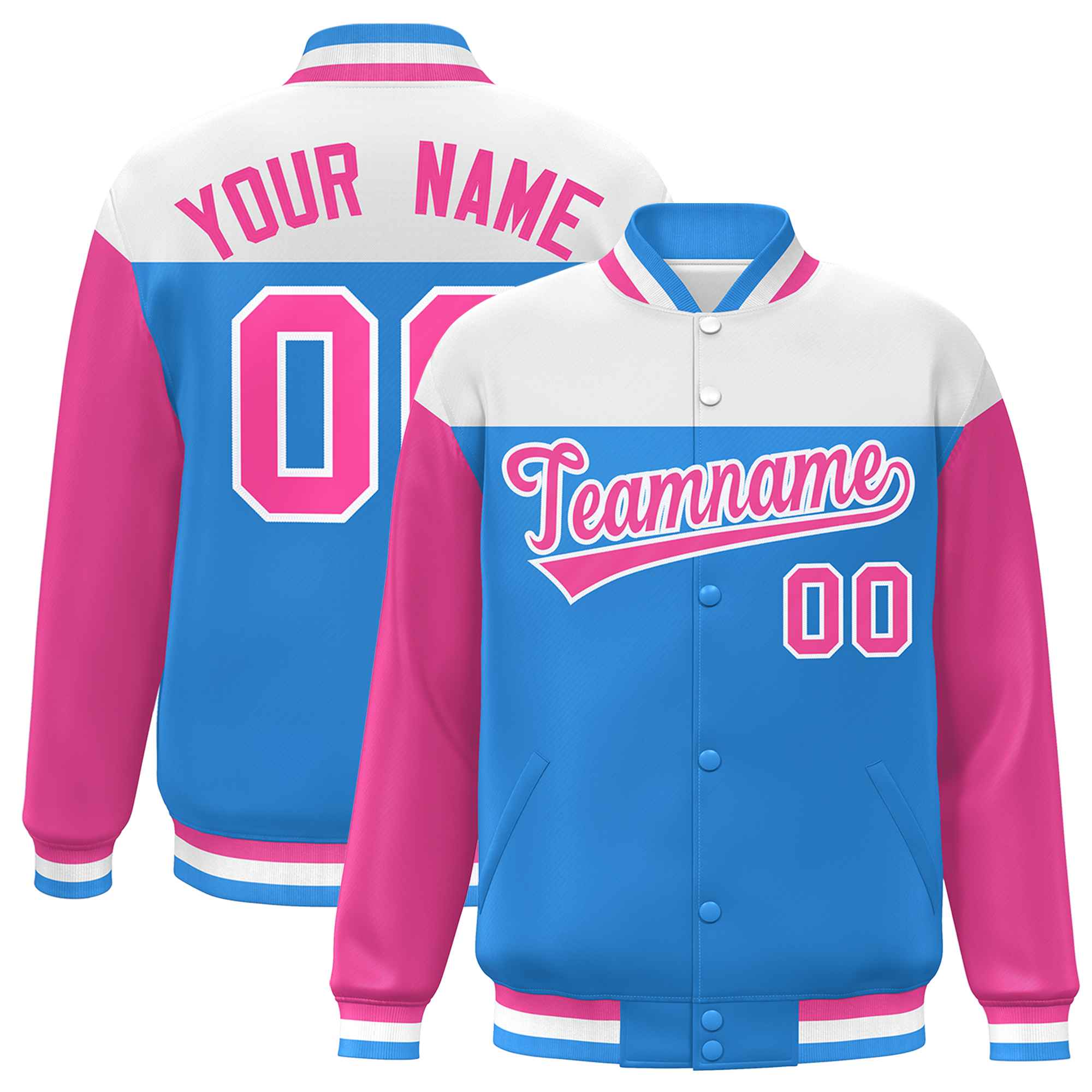 Custom White Powder Blue-Pink Letterman Color Block Varsity Full-Snap Baseball Jacket