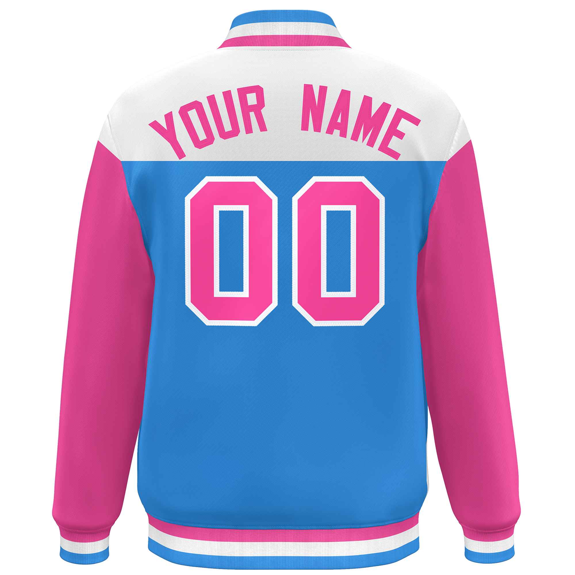 Custom White Powder Blue-Pink Letterman Color Block Varsity Full-Snap Baseball Jacket