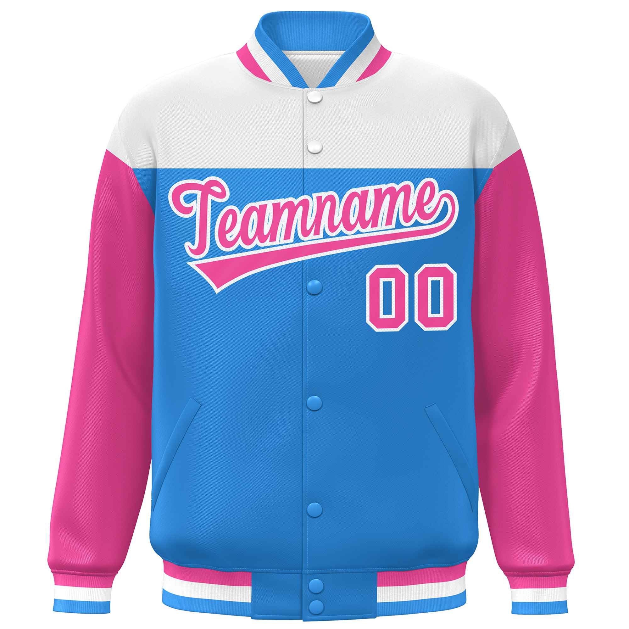 Custom White Powder Blue-Pink Letterman Color Block Varsity Full-Snap Baseball Jacket