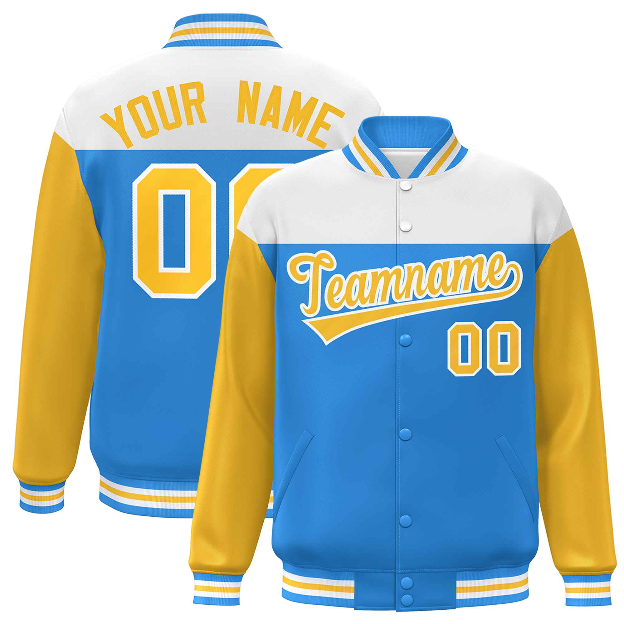 Custom White Powder Blue-Gold Letterman Color Block Varsity Full-Snap Baseball Jacket