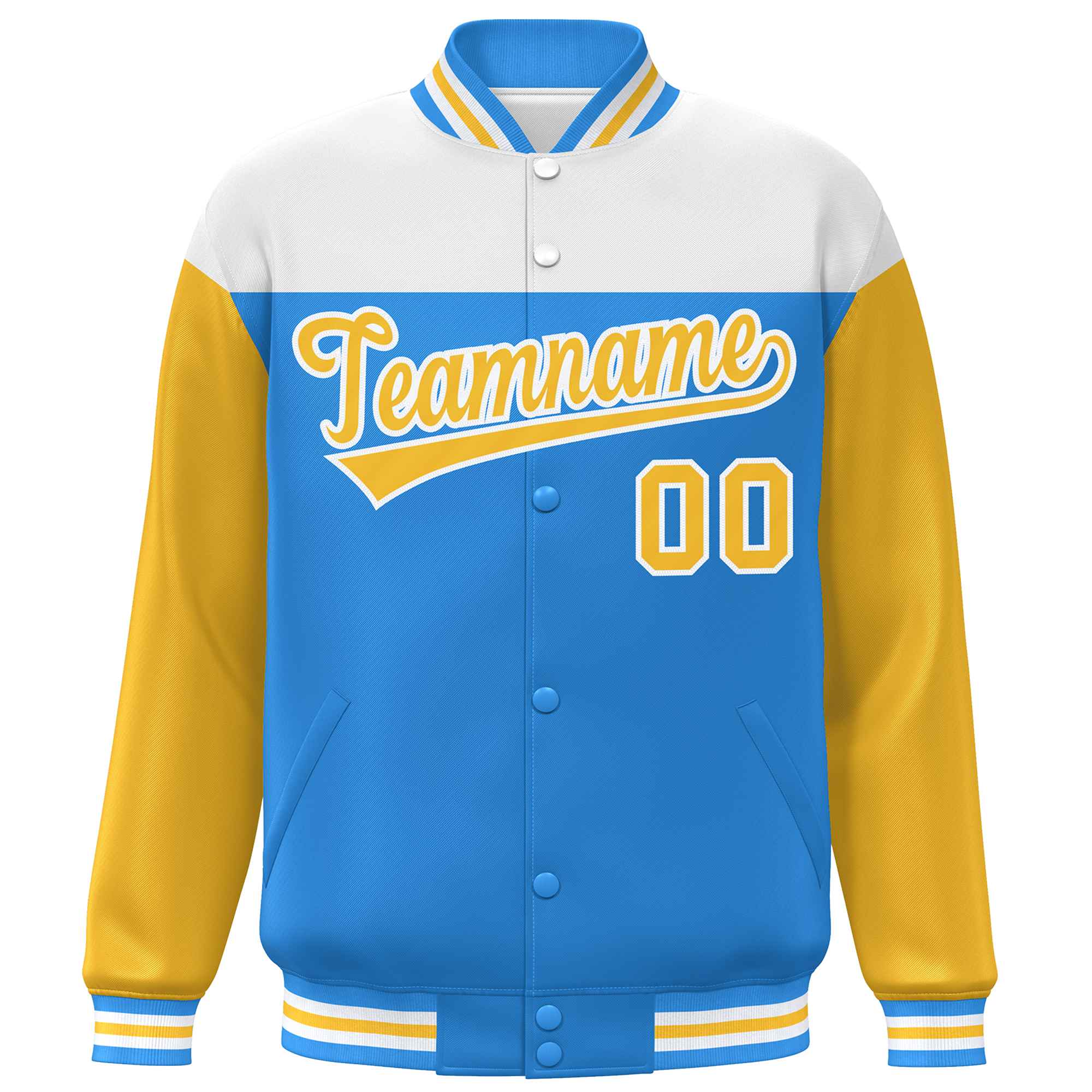 Custom White Powder Blue-Gold Letterman Color Block Varsity Full-Snap Baseball Jacket