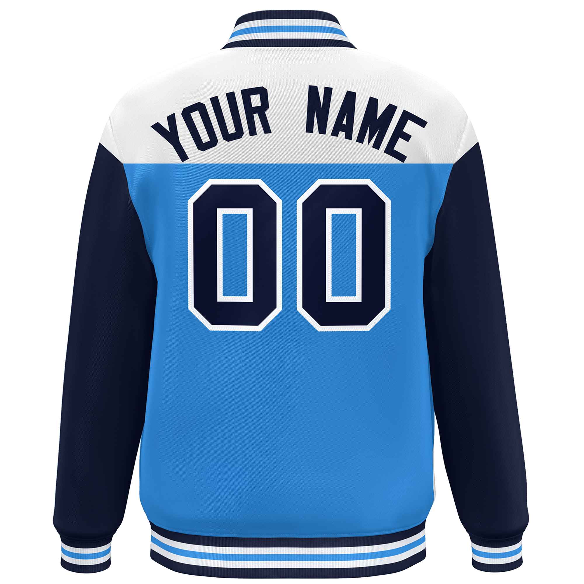 Custom White Powder Blue-Navy Letterman Color Block Varsity Full-Snap Baseball Jacket