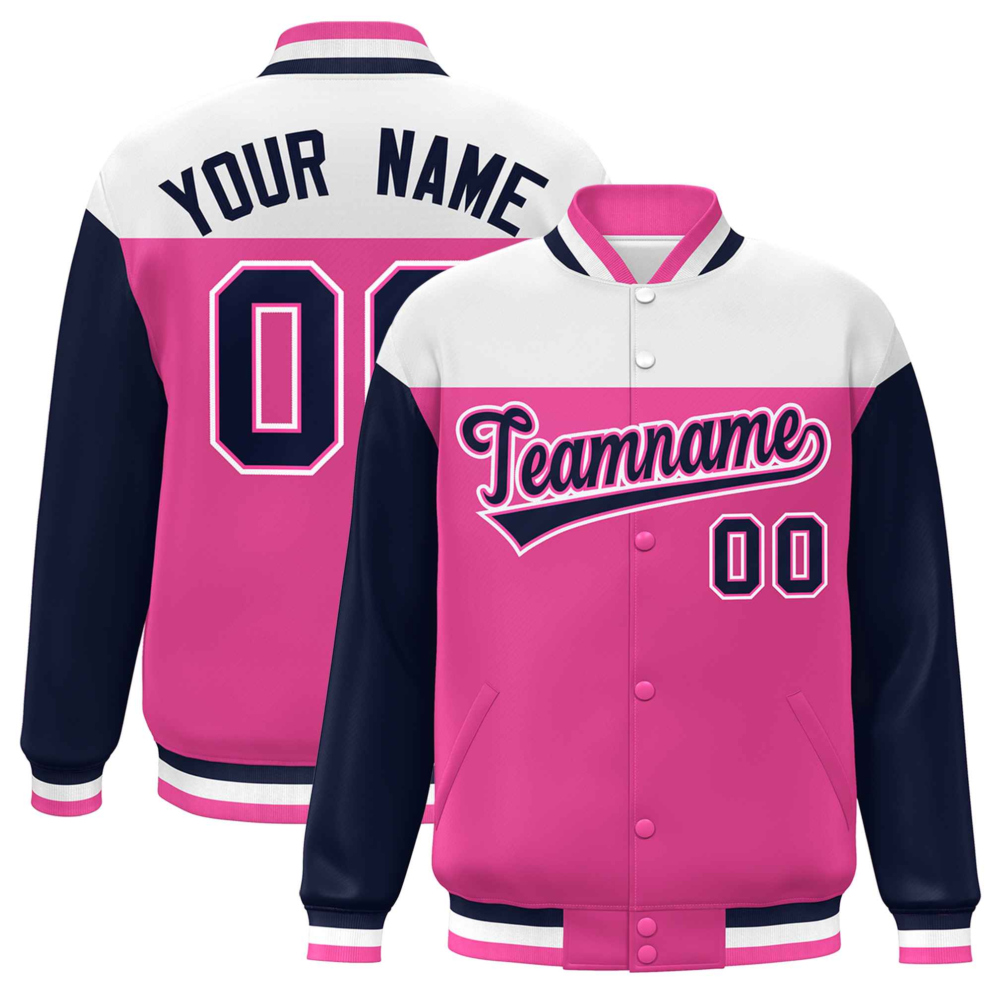 Custom White Pink-Navy Letterman Color Block Varsity Full-Snap Baseball Jacket