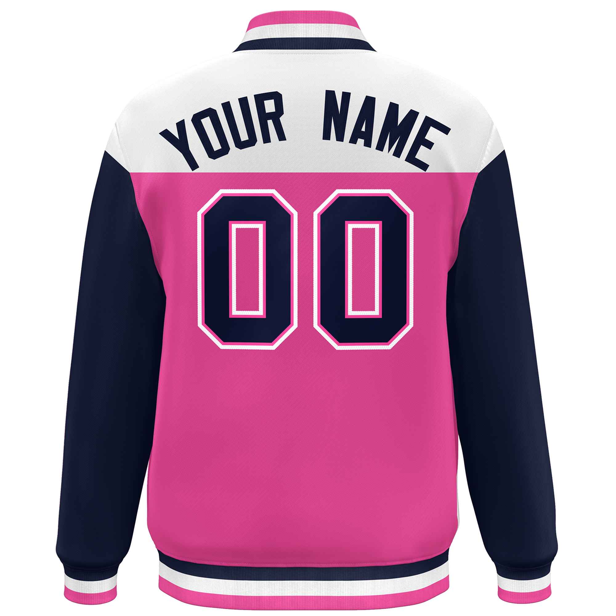 Custom White Pink-Navy Letterman Color Block Varsity Full-Snap Baseball Jacket