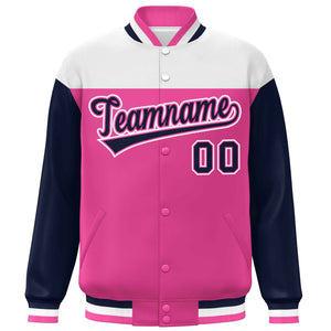 Custom White Pink-Navy Letterman Color Block Varsity Full-Snap Baseball Jacket