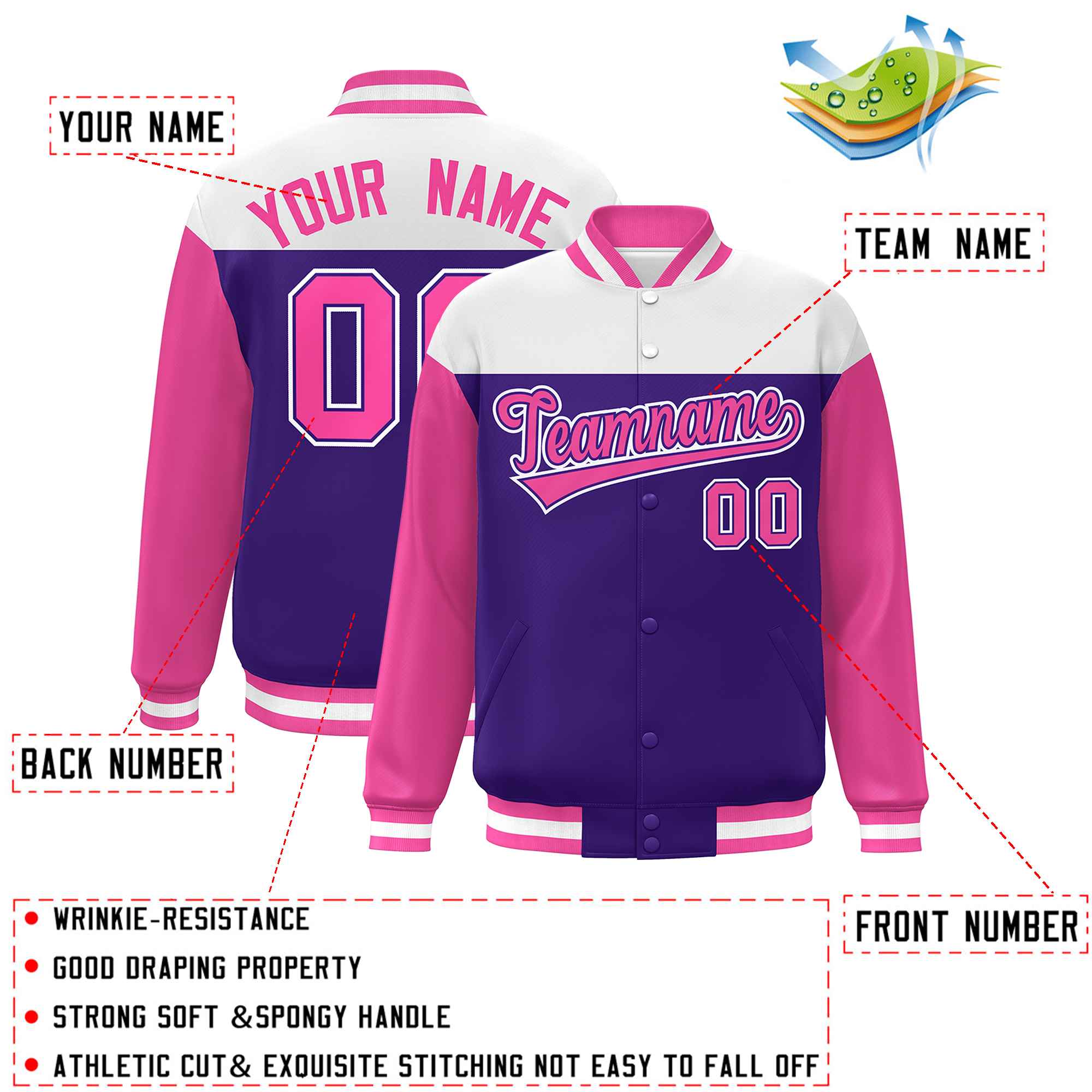 Custom White Purple-Pink Letterman Color Block Varsity Full-Snap Baseball Jacket
