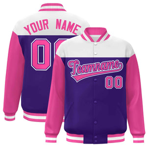 Custom White Purple-Pink Letterman Color Block Varsity Full-Snap Baseball Jacket