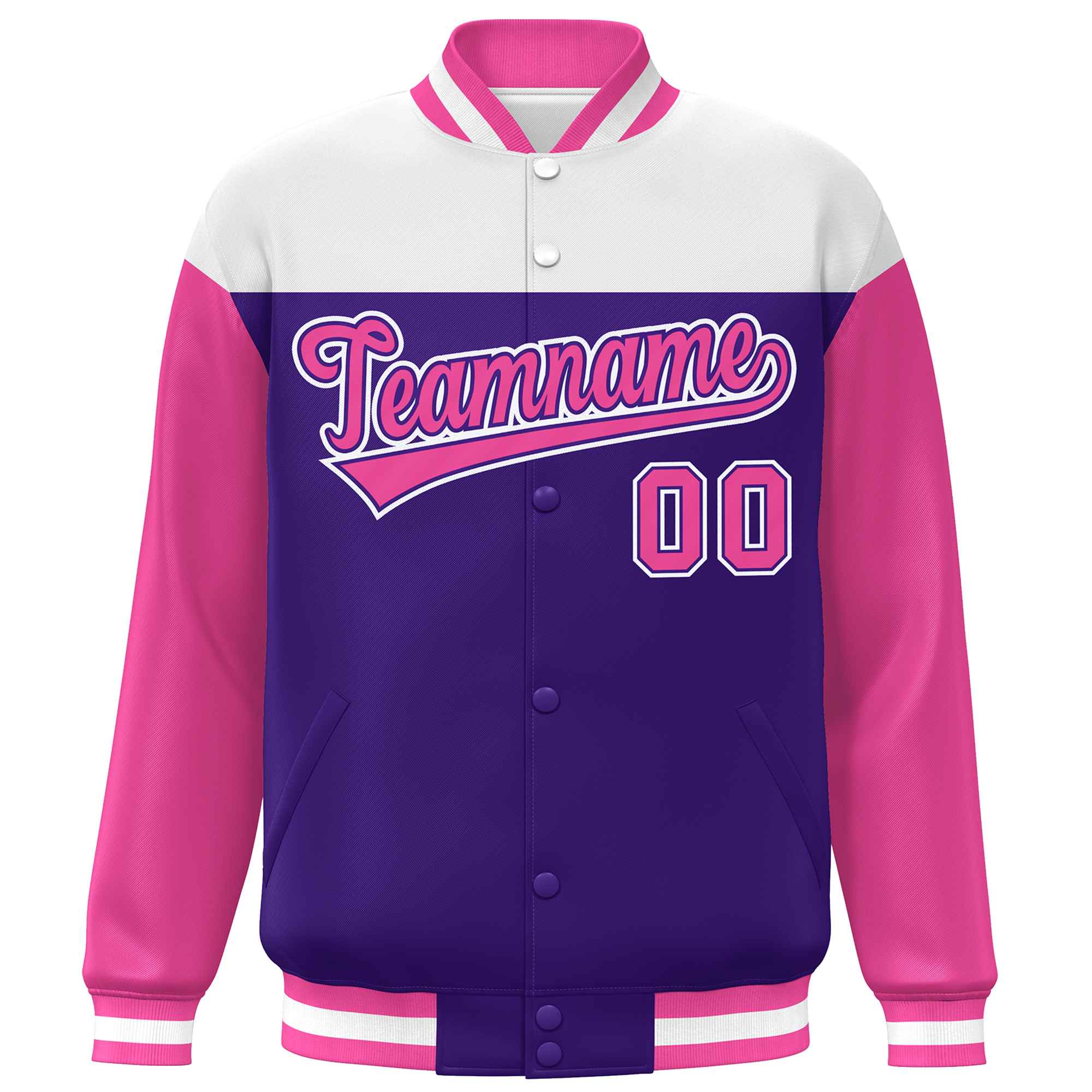 Custom White Purple-Pink Letterman Color Block Varsity Full-Snap Baseball Jacket