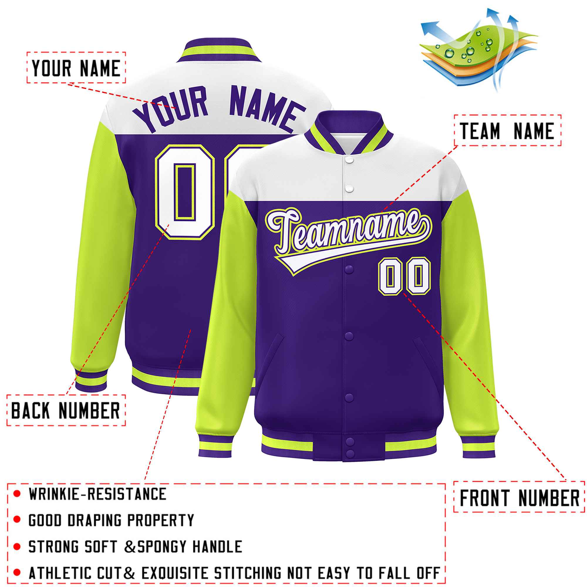 Custom White Purple-Neon Green Letterman Color Block Varsity Full-Snap Baseball Jacket