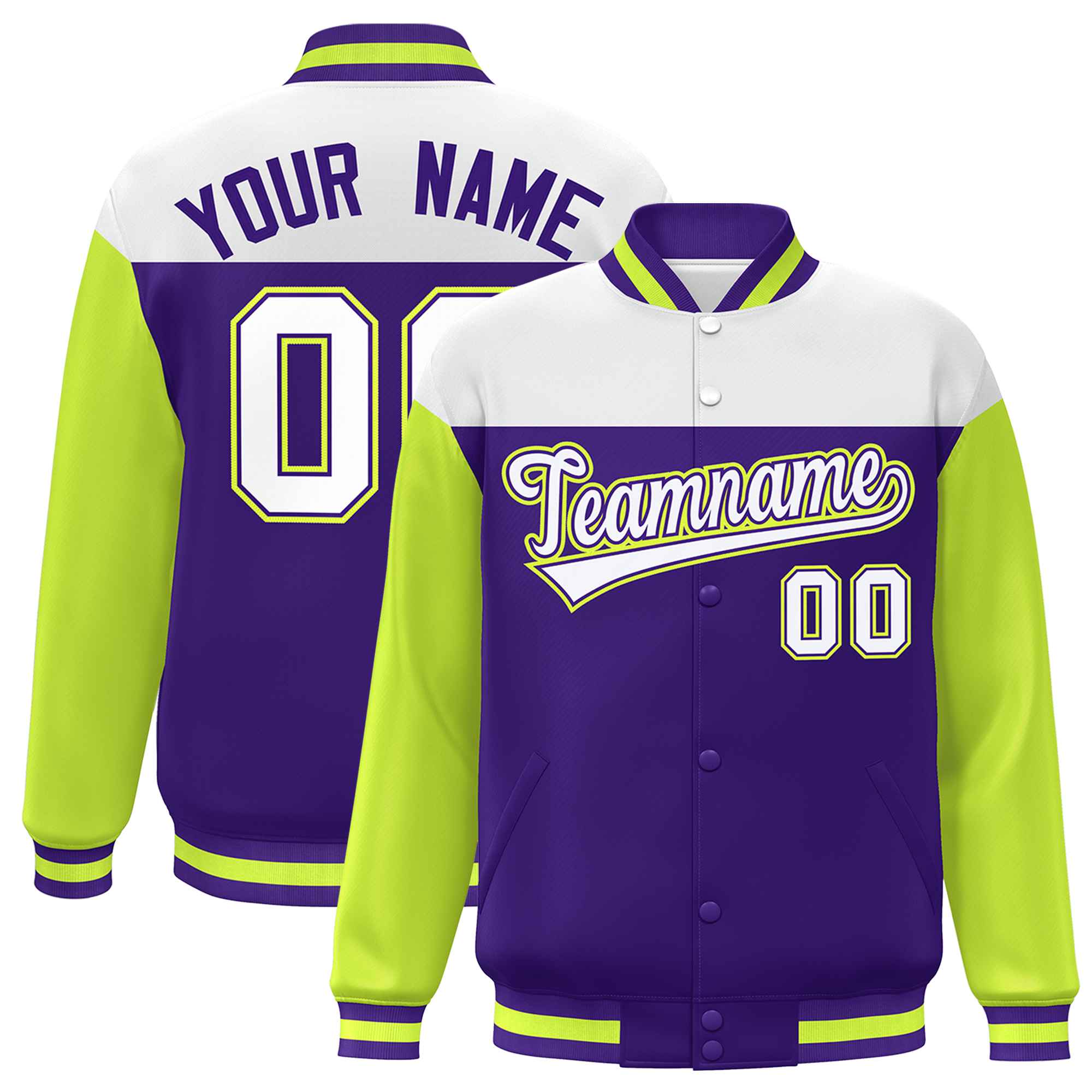 Custom White Purple-Neon Green Letterman Color Block Varsity Full-Snap Baseball Jacket