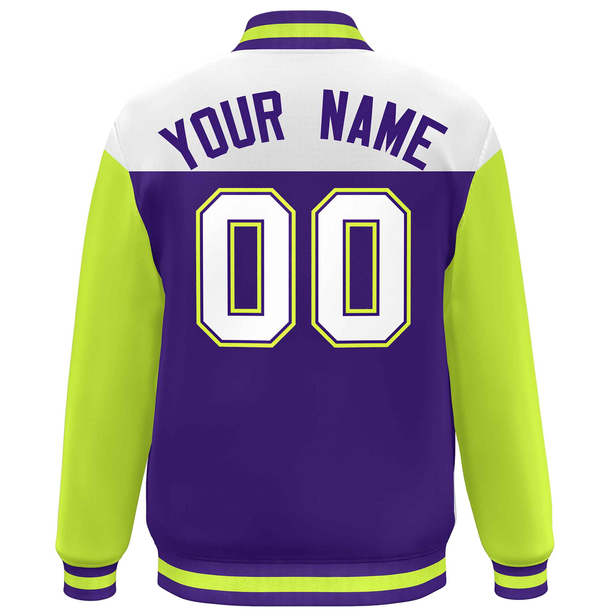 Custom White Purple-Neon Green Letterman Color Block Varsity Full-Snap Baseball Jacket