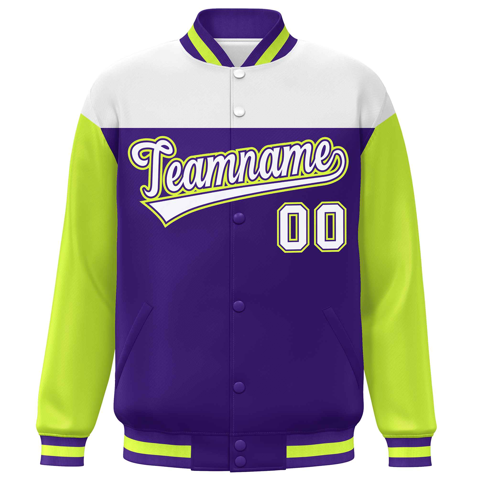 Custom White Purple-Neon Green Letterman Color Block Varsity Full-Snap Baseball Jacket