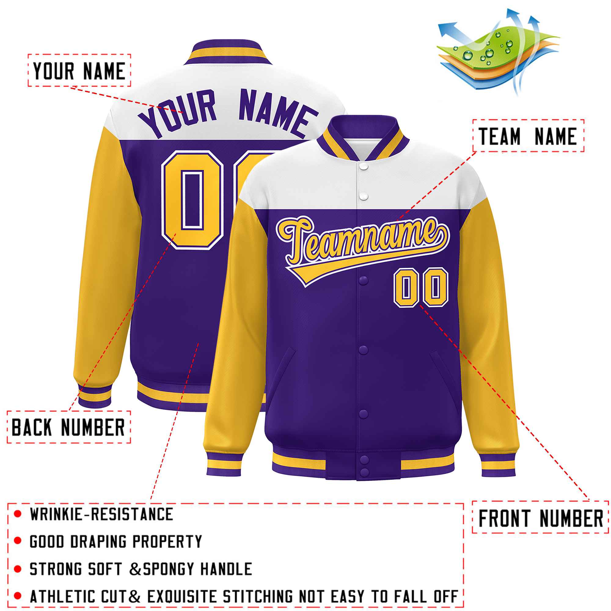 Custom White Purple-Gold Letterman Color Block Varsity Full-Snap Baseball Jacket