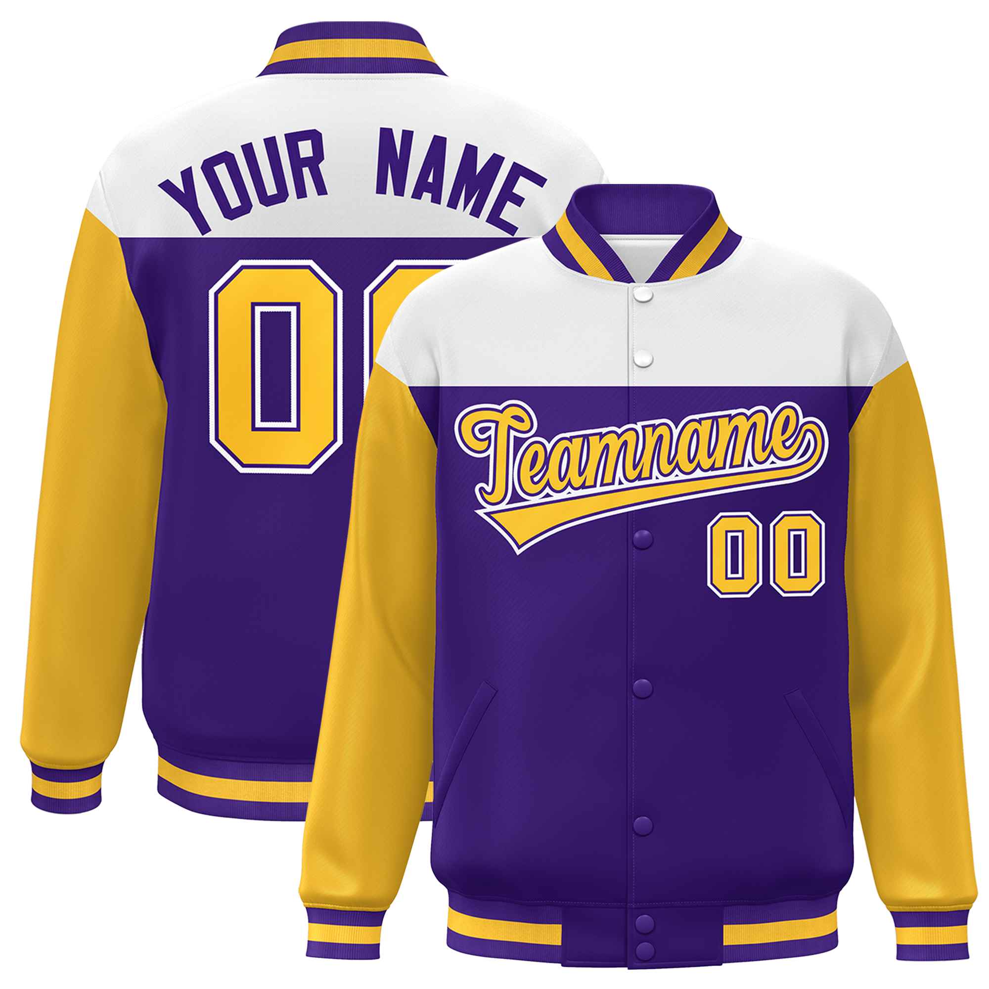 Custom White Purple-Gold Letterman Color Block Varsity Full-Snap Baseball Jacket