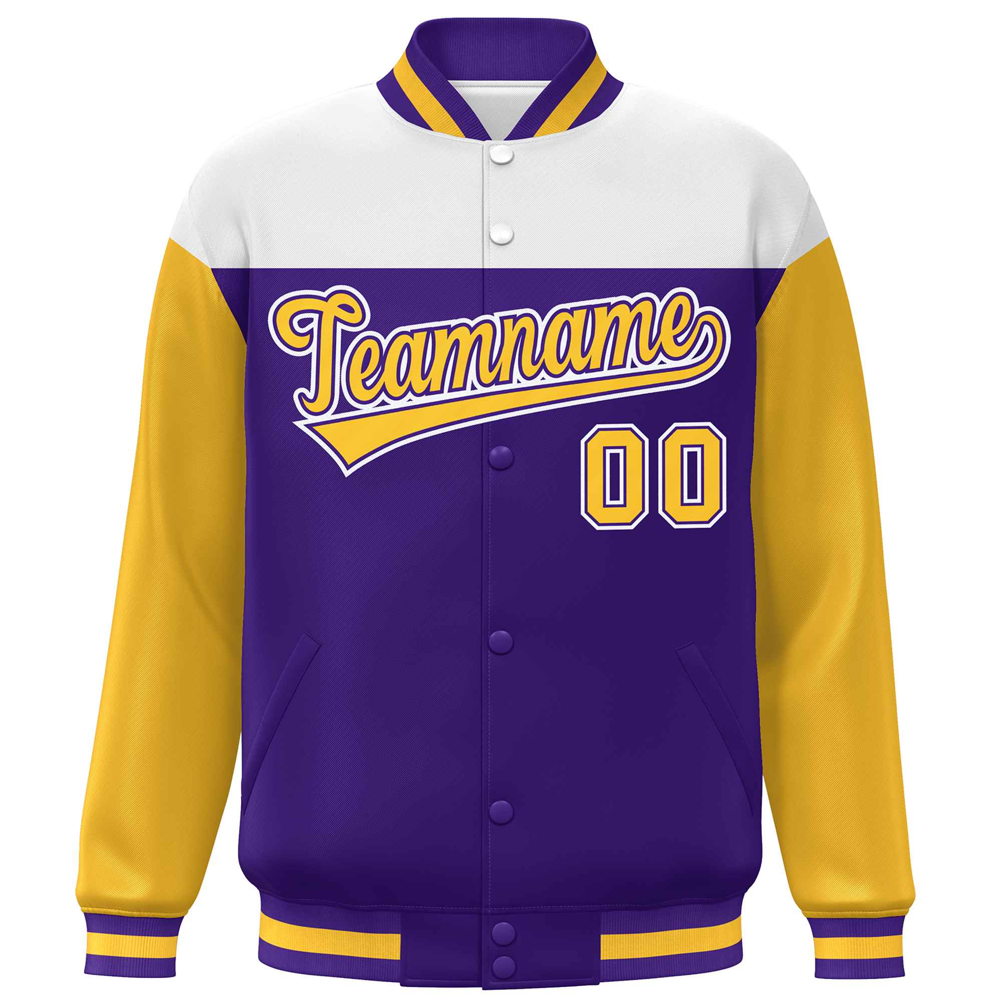 Custom White Purple-Gold Letterman Color Block Varsity Full-Snap Baseball Jacket