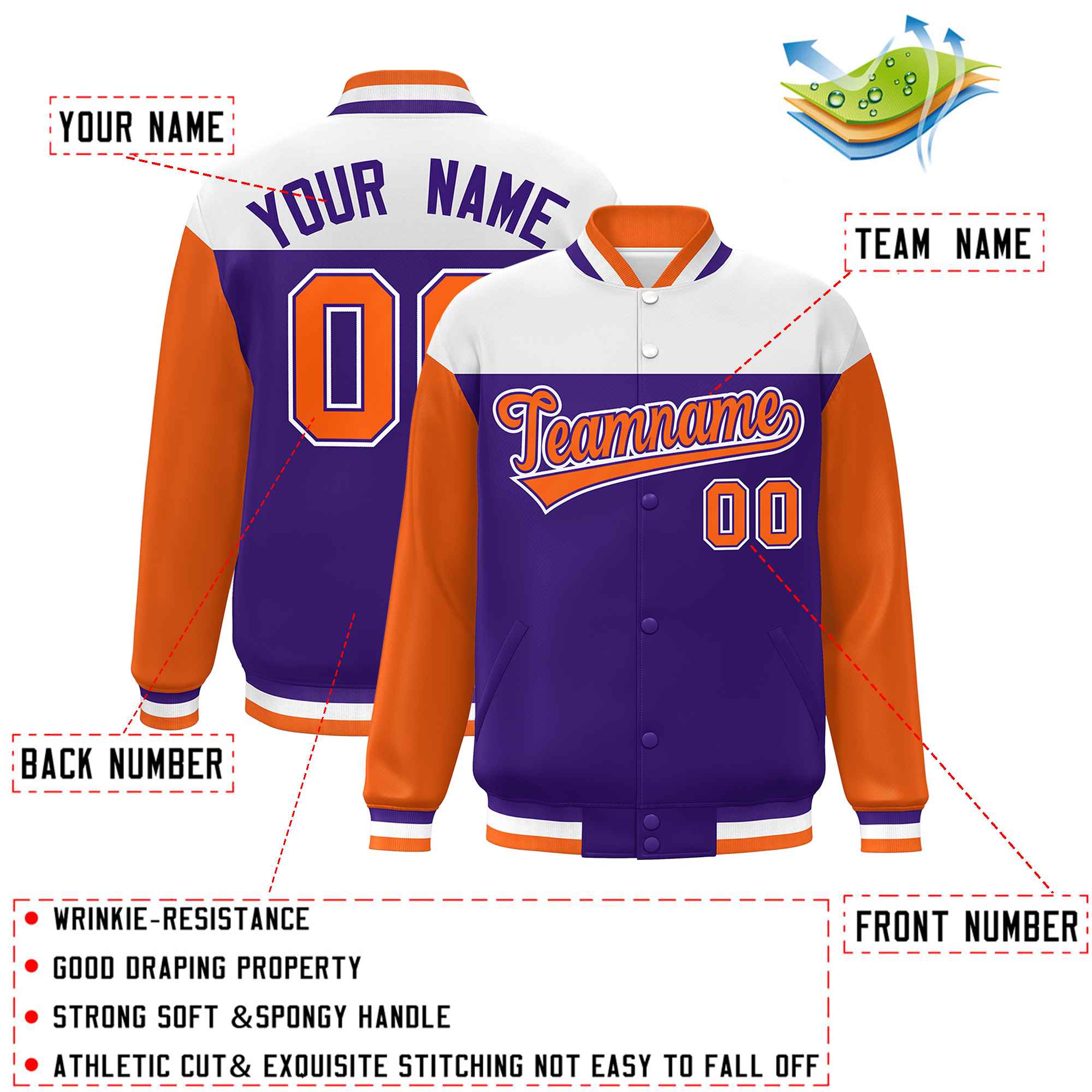 Custom White Purple-Orange Letterman Color Block Varsity Full-Snap Baseball Jacket