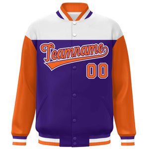 Custom White Purple-Orange Letterman Color Block Varsity Full-Snap Baseball Jacket