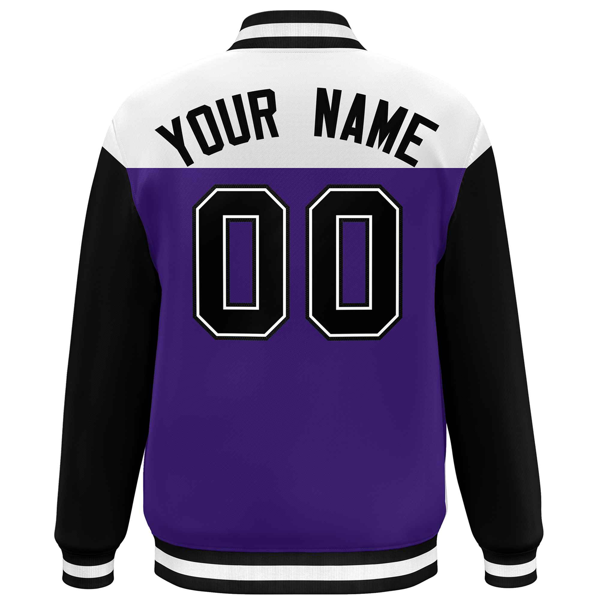 Custom White Purple-Black Letterman Color Block Varsity Full-Snap Baseball Jacket