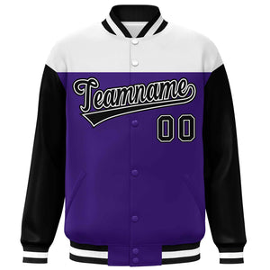 Custom White Purple-Black Letterman Color Block Varsity Full-Snap Baseball Jacket