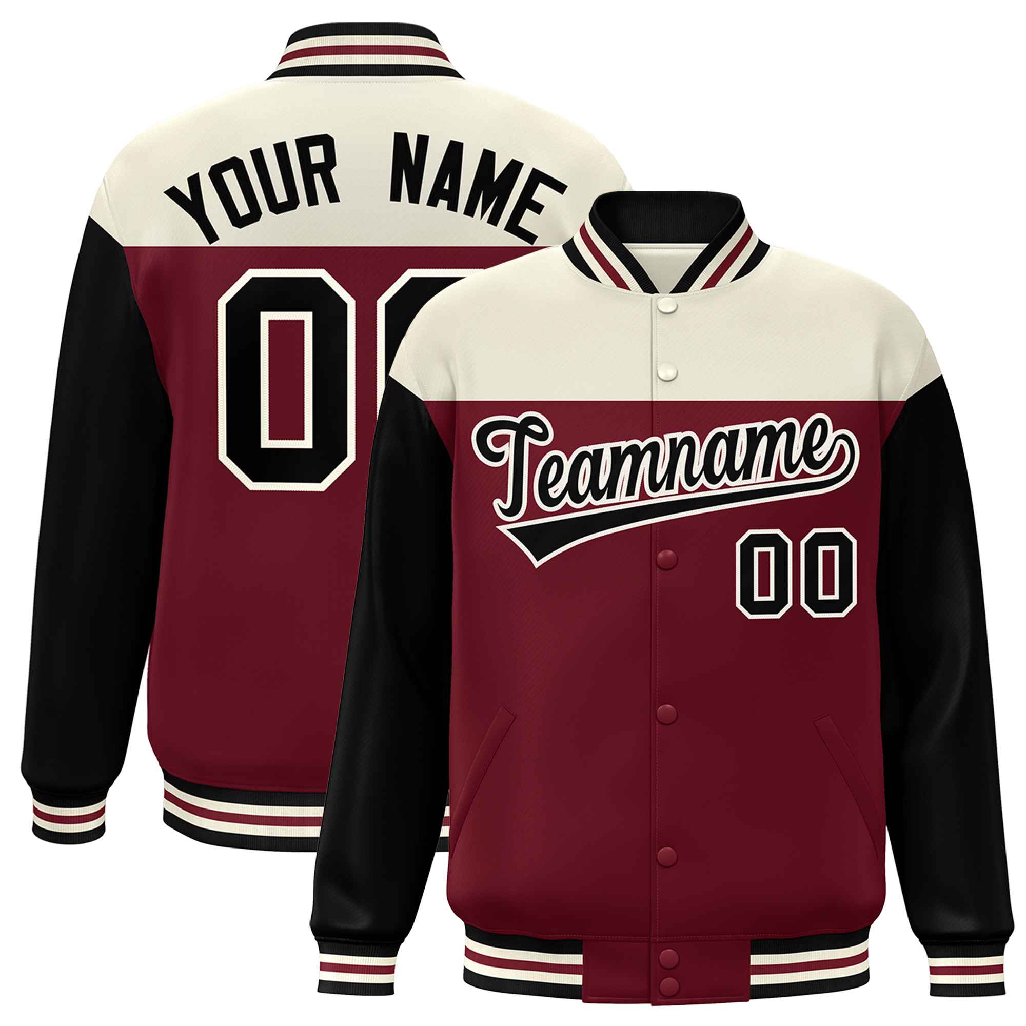 Custom Cream Crimson-Black Letterman Color Block Varsity Full-Snap Baseball Jacket