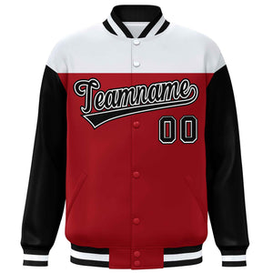 Custom White Red-Black Letterman Color Block Varsity Full-Snap Baseball Jacket