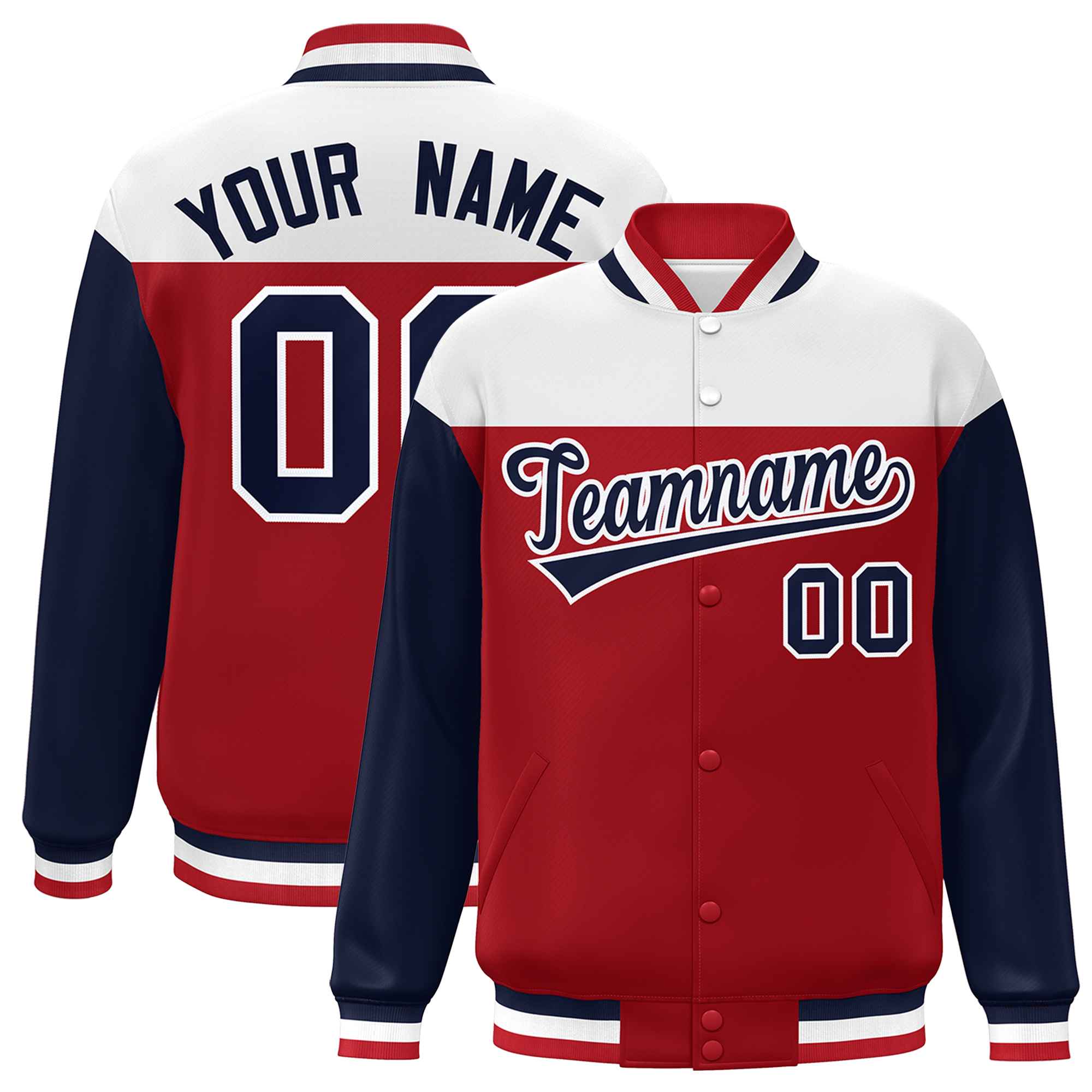 Custom White Red-Navy Letterman Color Block Varsity Full-Snap Baseball Jacket