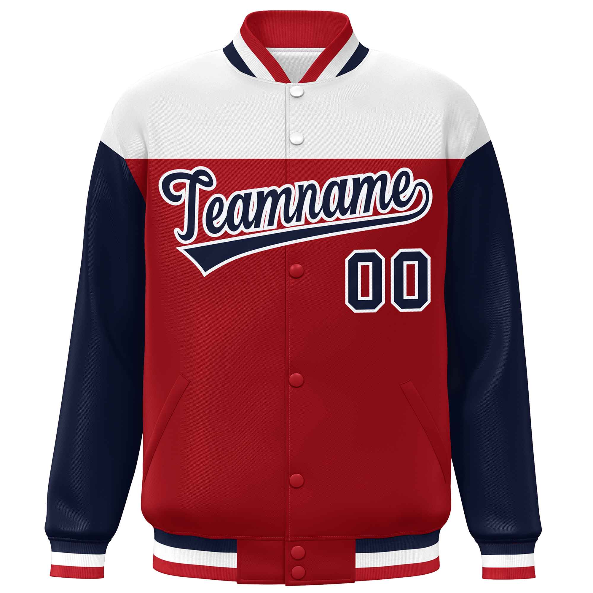 Custom White Red-Navy Letterman Color Block Varsity Full-Snap Baseball Jacket