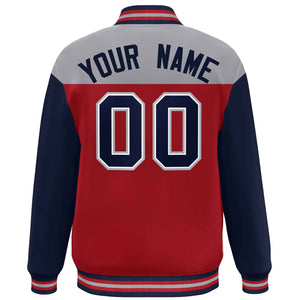 Custom Gray Red-Navy Letterman Color Block Varsity Full-Snap Baseball Jacket