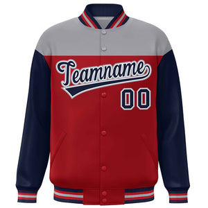 Custom Gray Red-Navy Letterman Color Block Varsity Full-Snap Baseball Jacket