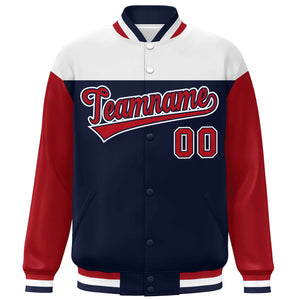 Custom White Navy-Red Letterman Color Block Varsity Full-Snap Baseball Jacket